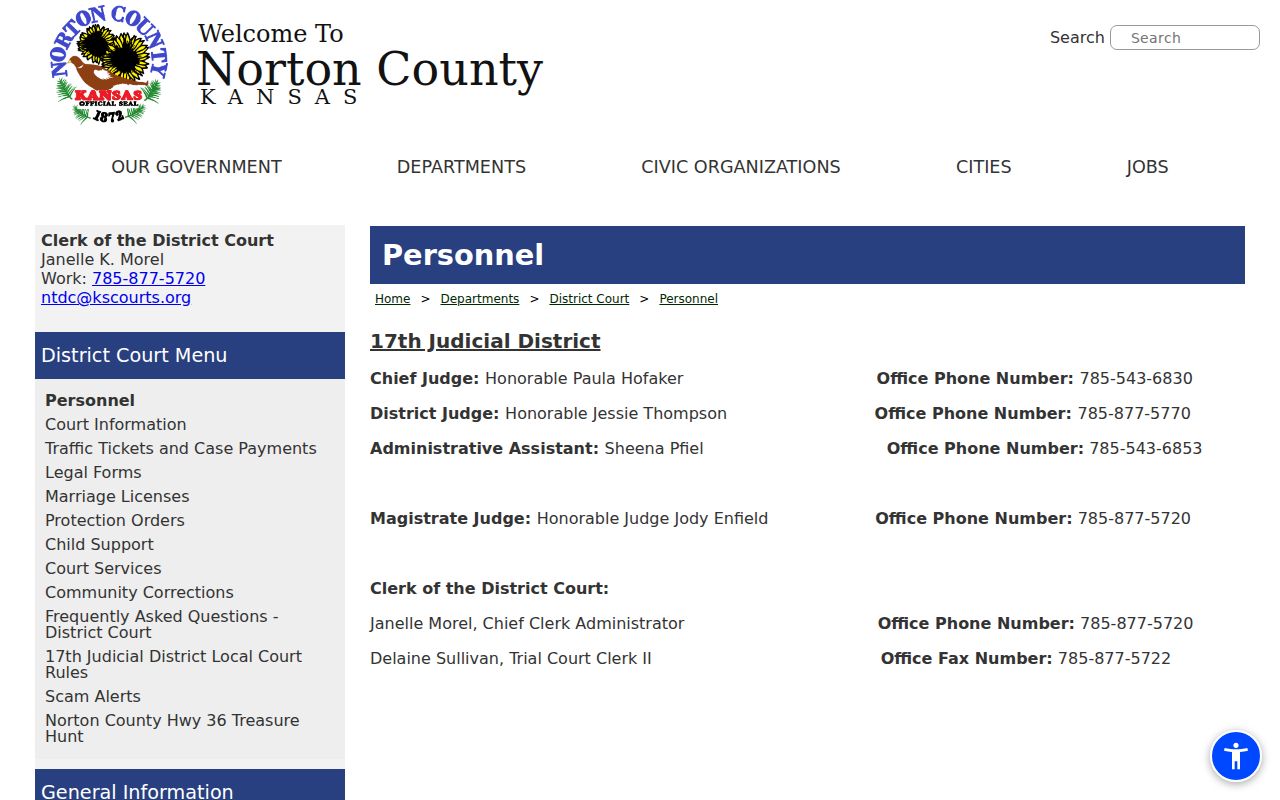 Norton County court docket judges and clerk personnel