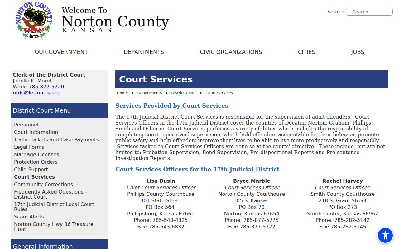 Norton County Court Services page for probation and bond supervision