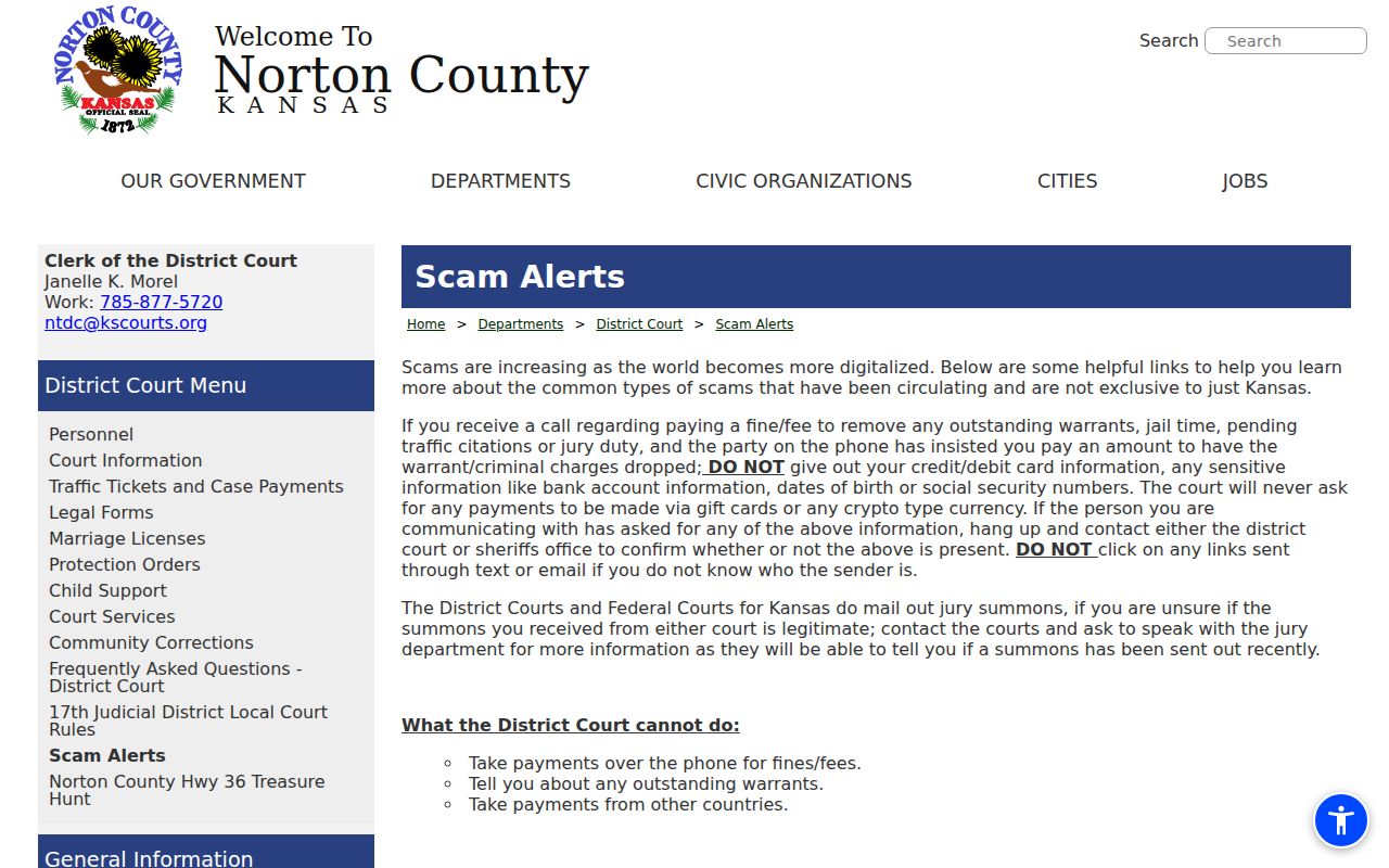 Norton County District Court scam and warrant warning