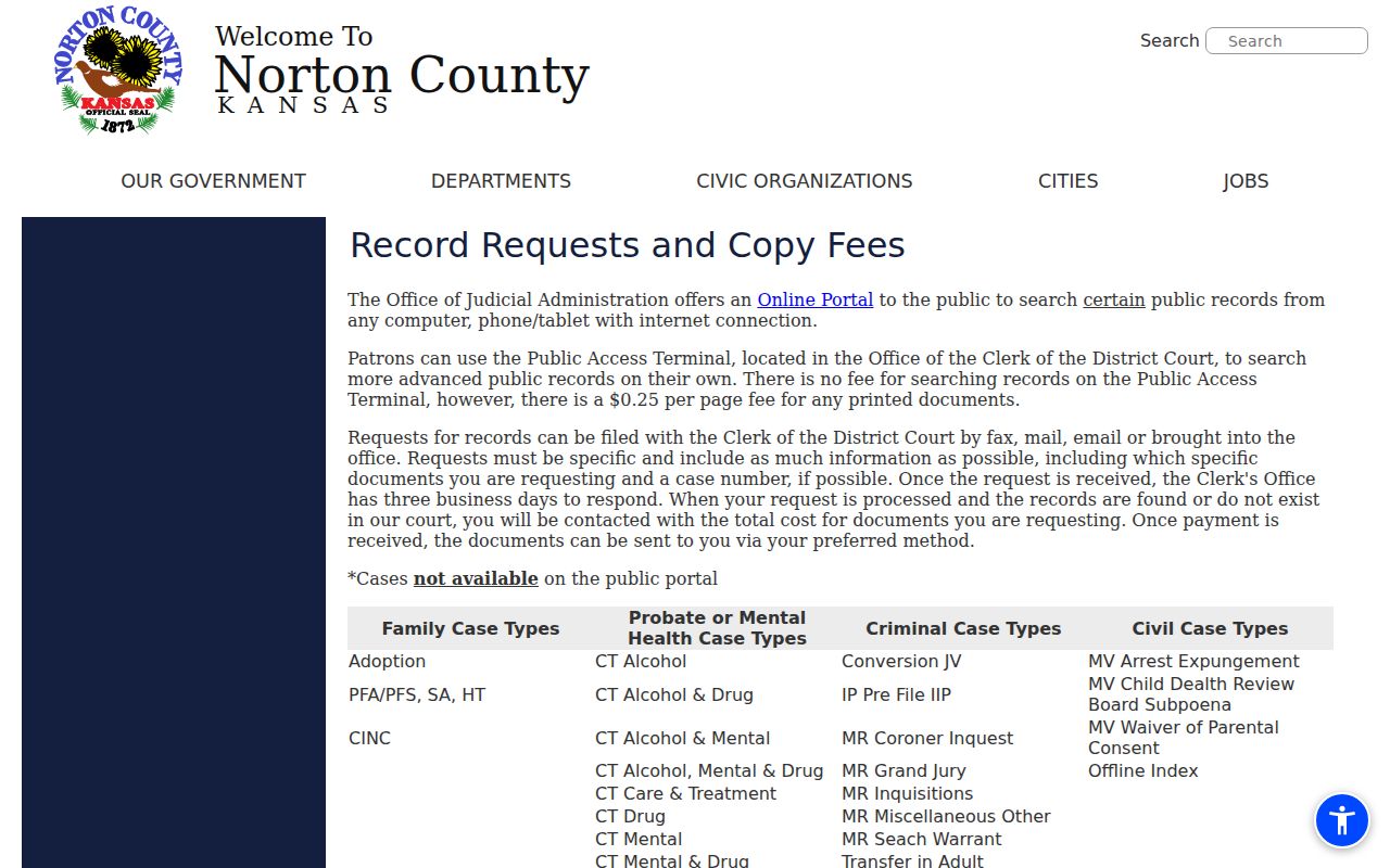 Norton County court records request and copy fee page